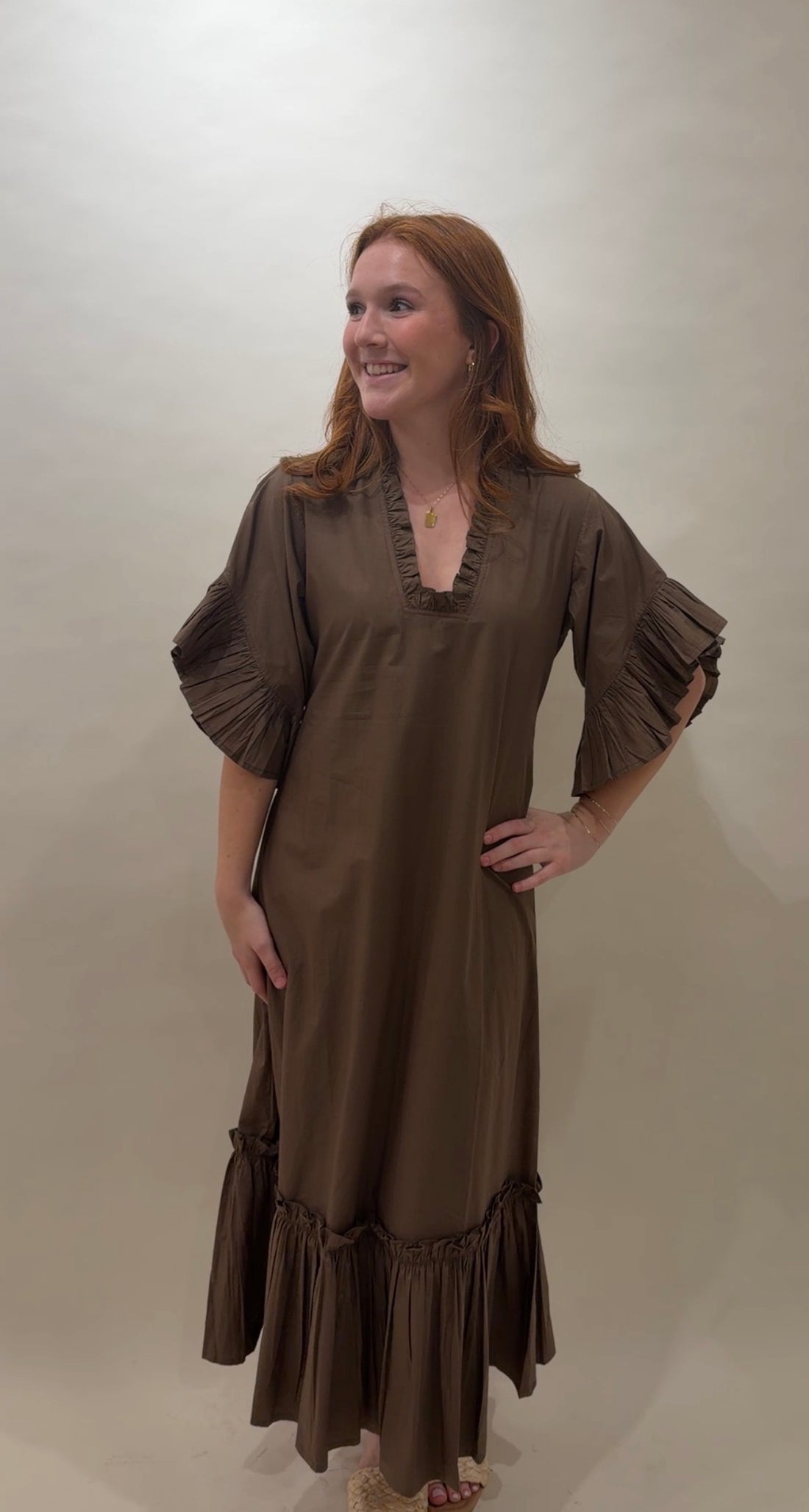 Solid Espresso Tiered Ruffle Maxi Dress