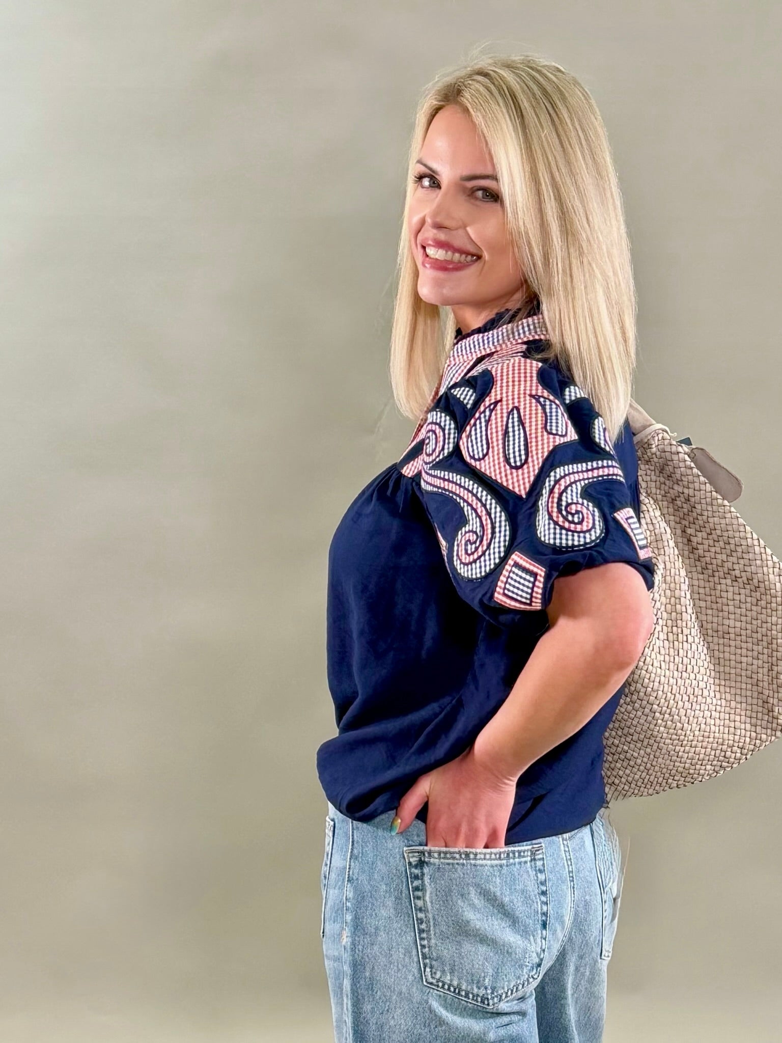 Americana Plaid Embroidered Blouse