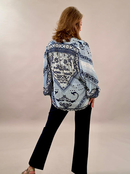 Blue Mosaic Print Button-Down Blouse