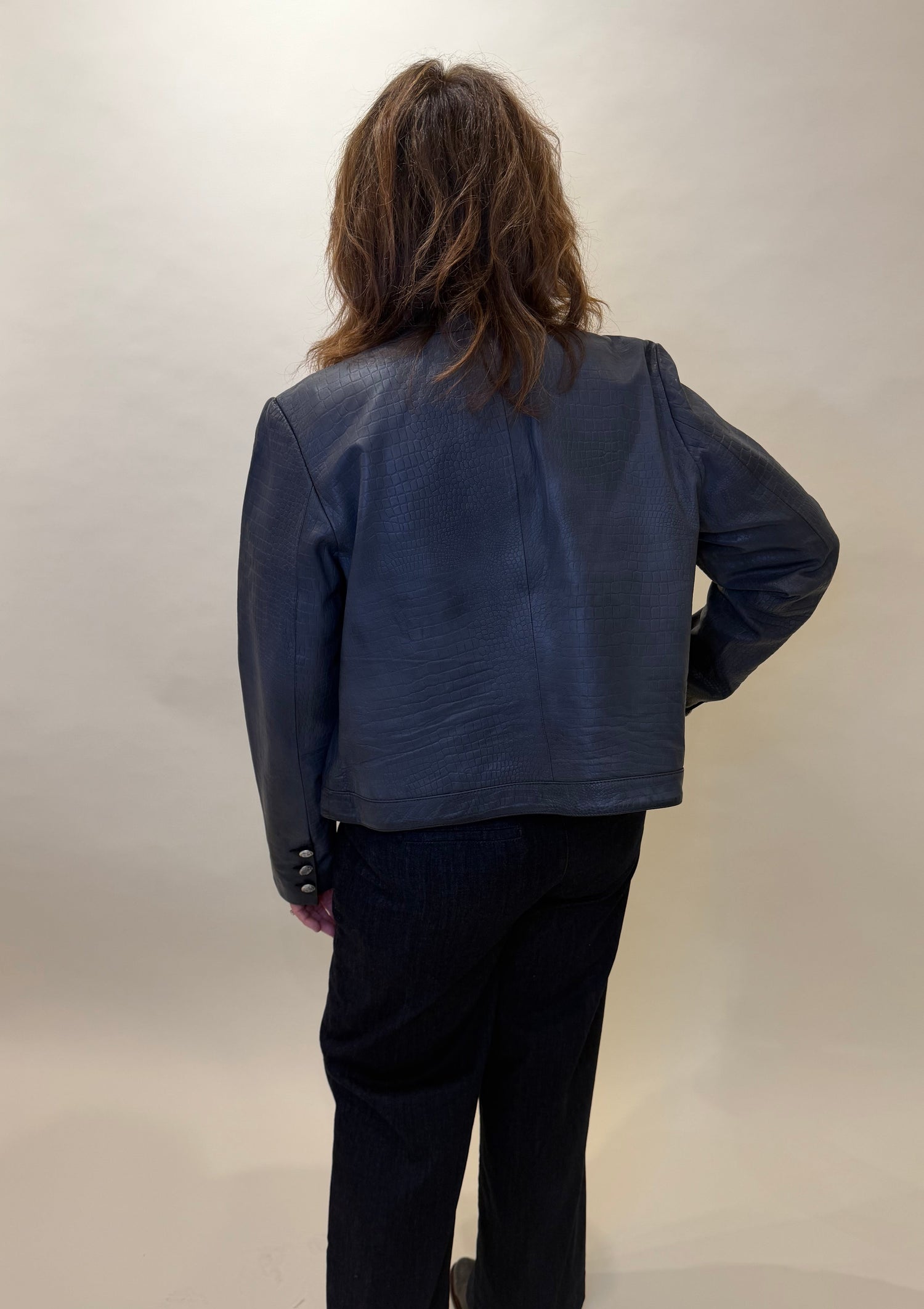 Chic Navy Croc-Embossed Leather Jacket