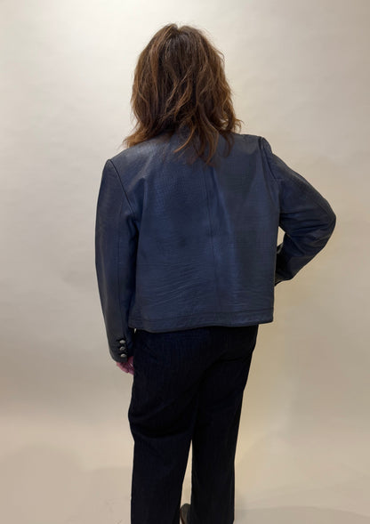 Chic Navy Croc-Embossed Leather Jacket
