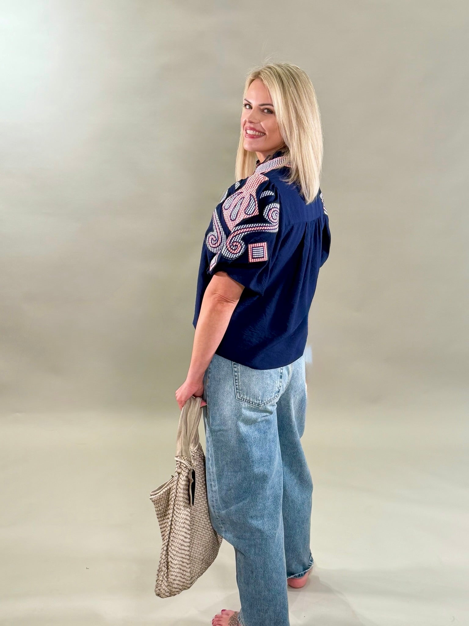Americana Plaid Embroidered Blouse