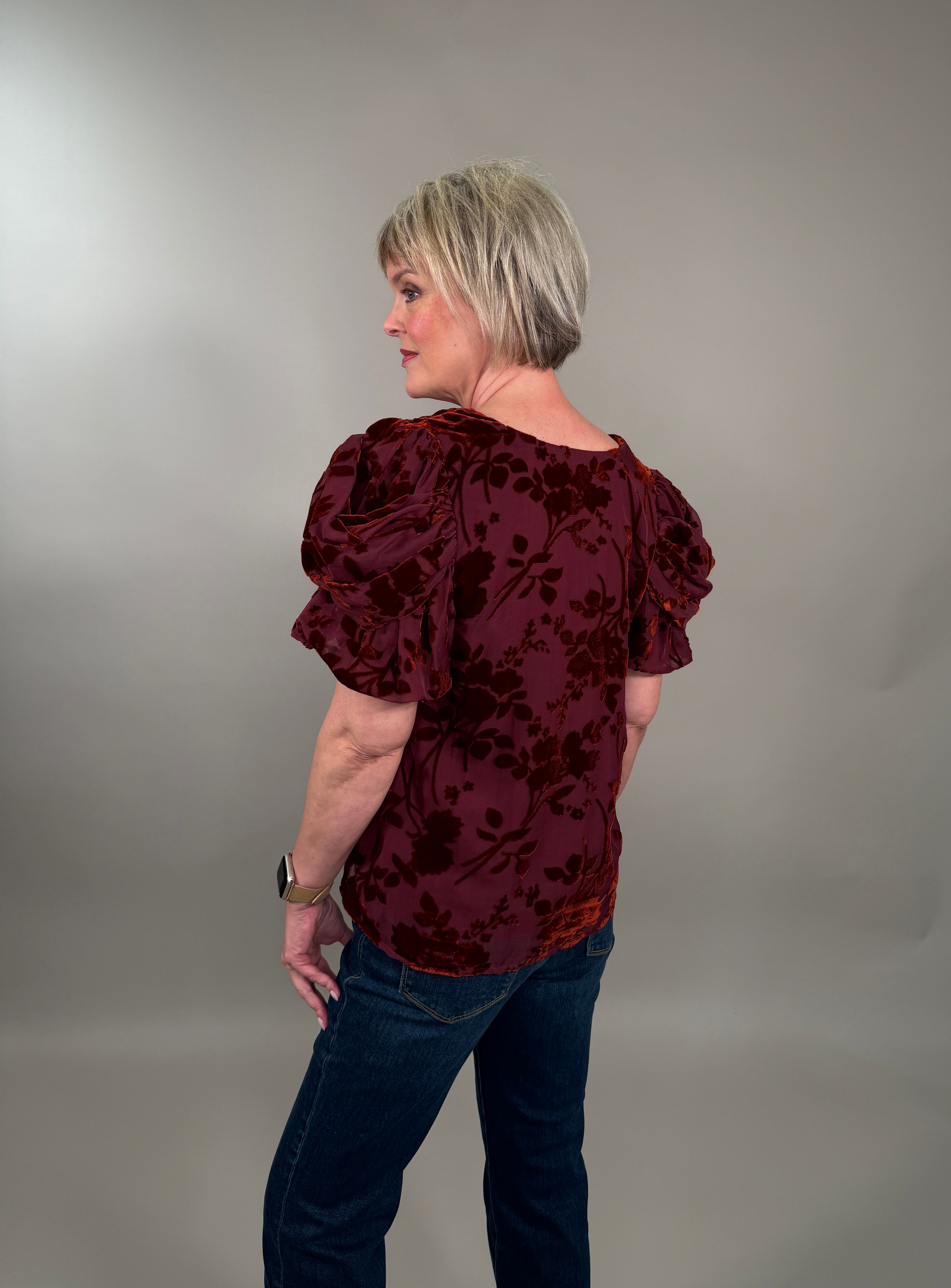 Velvet Burnout Puff Sleeve Top