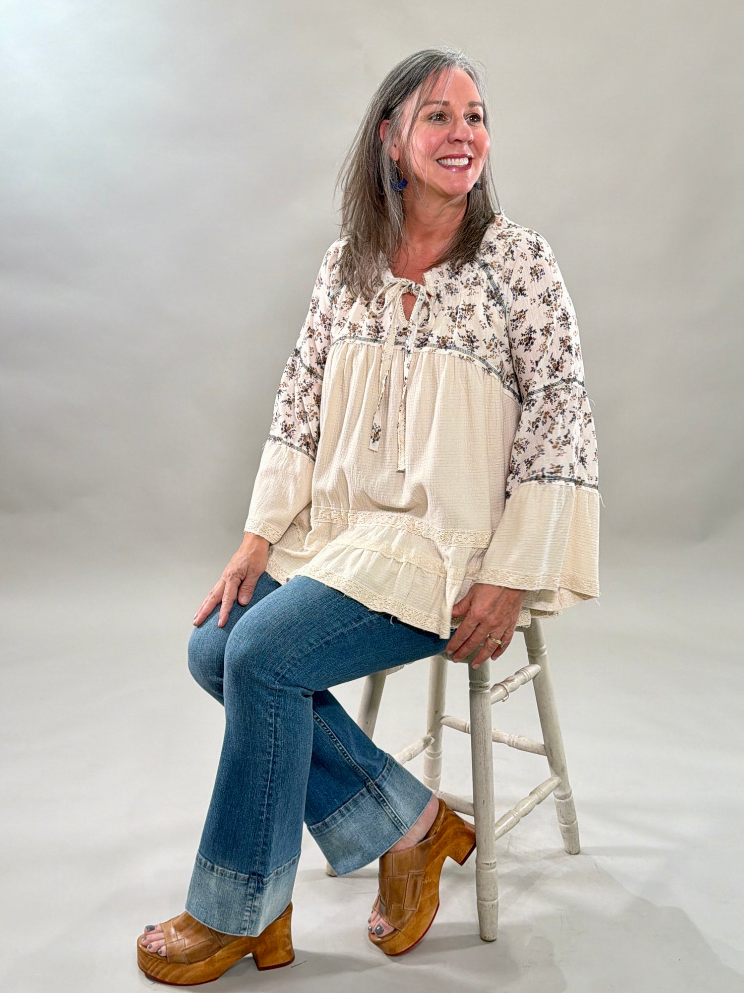 Mixed Media Floral Embroidered Blouse