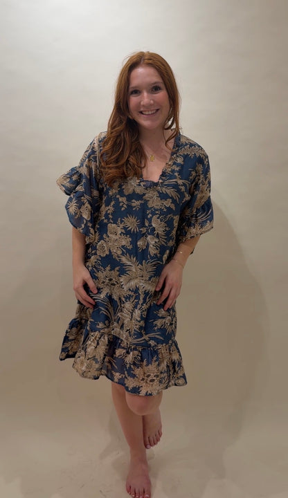 Toile Print Ruffled Cotton Caftan Mini