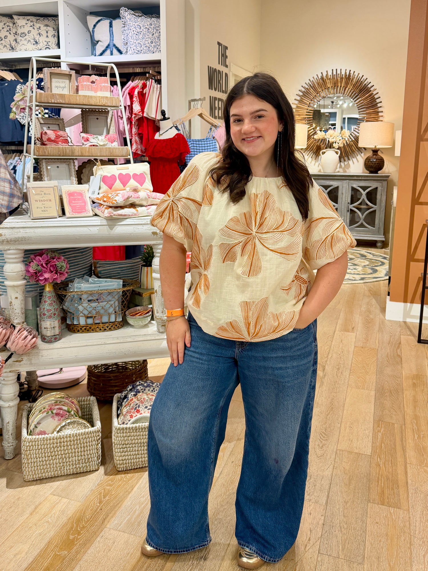 Golden Palms Puff-Sleeve Blouse