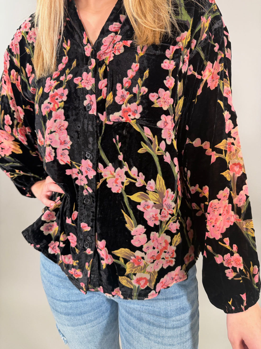 Velvet Cherry Blossom Button-Up Blouse