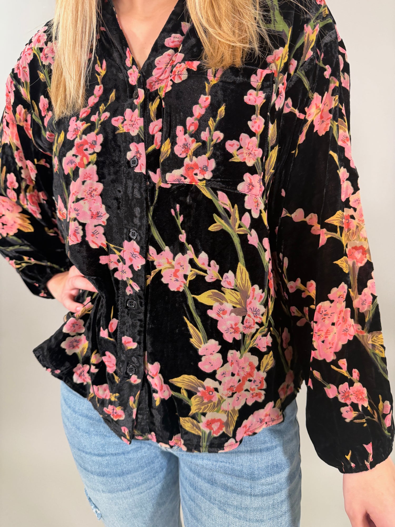 Velvet Cherry Blossom Button-Up Blouse