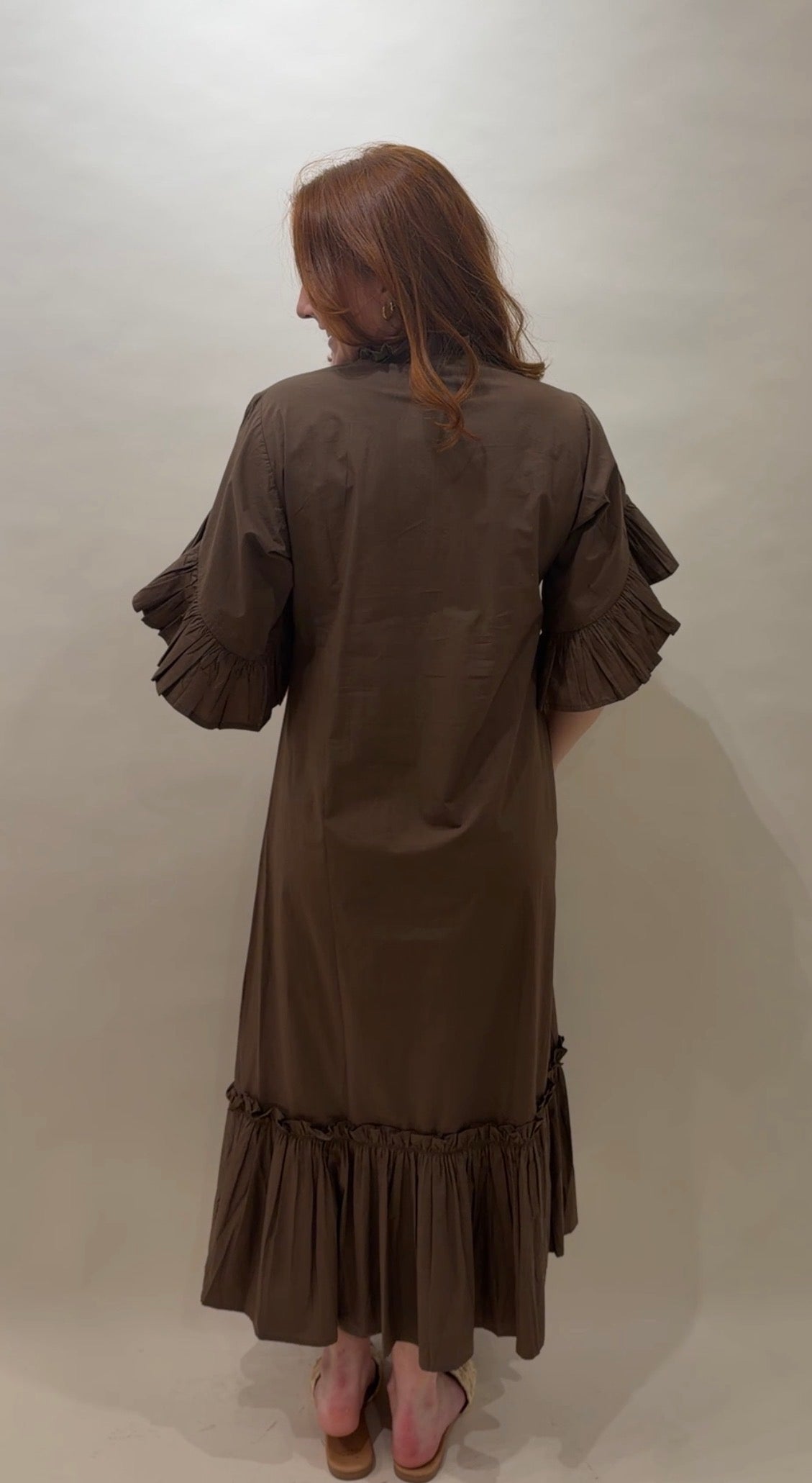 Solid Espresso Tiered Ruffle Maxi Dress