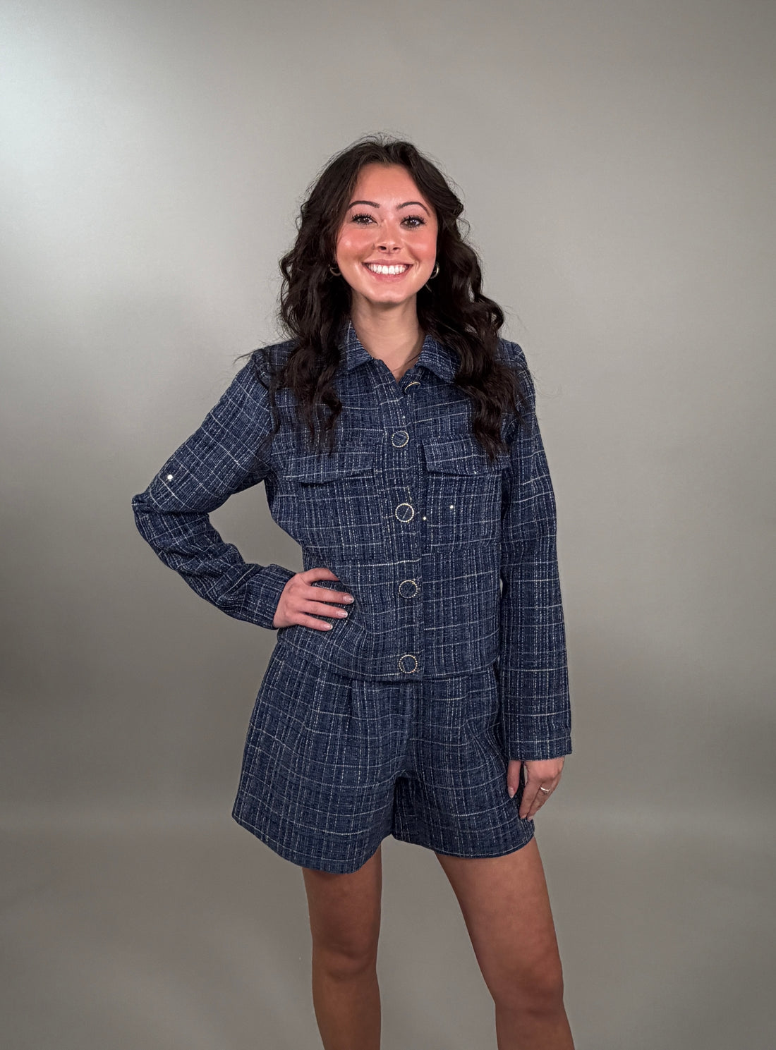 Chic Plaid Tweed Shirt Jacket with Sparkle Details