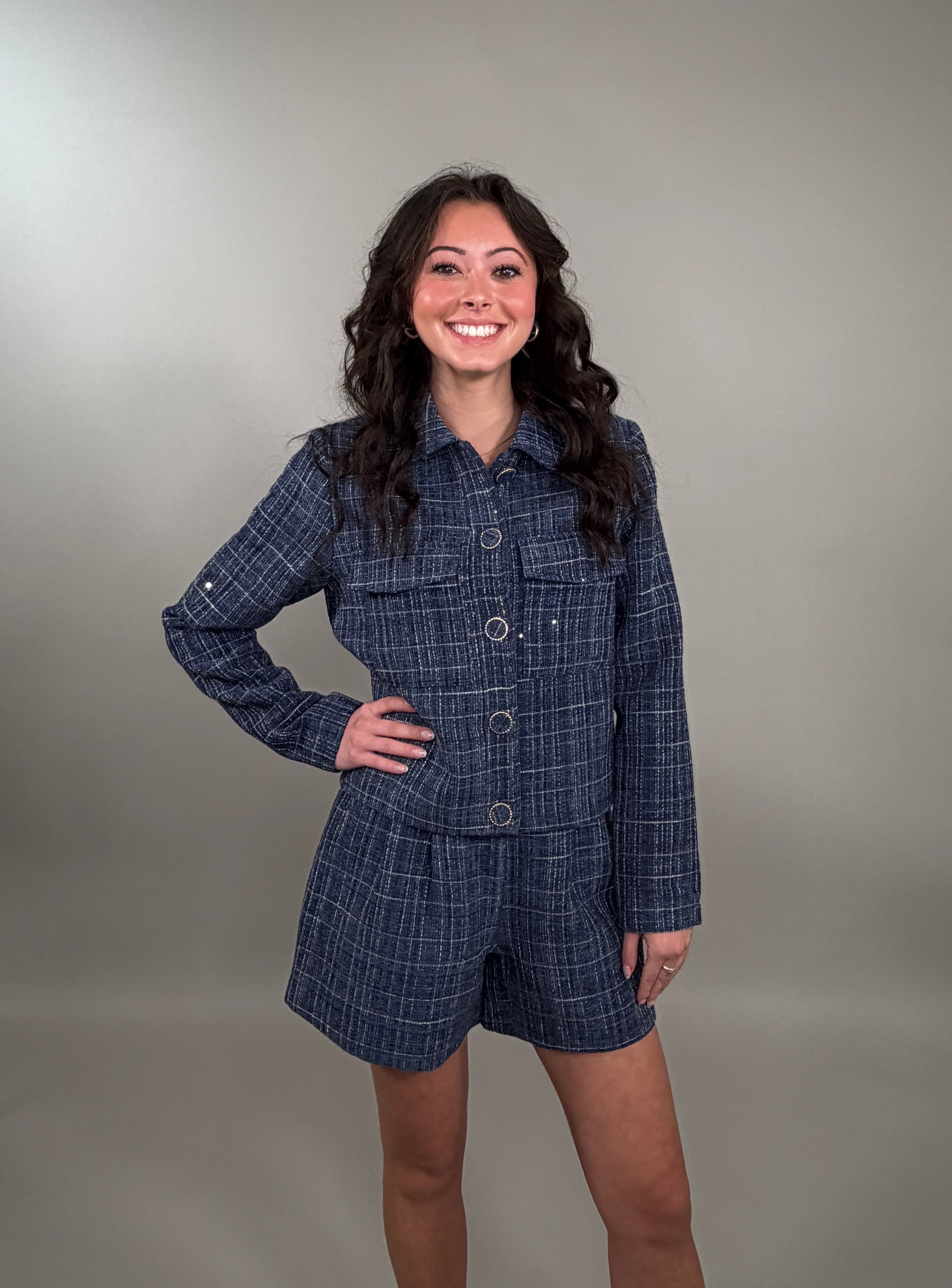 Chic Plaid Tweed Shirt Jacket with Sparkle Details