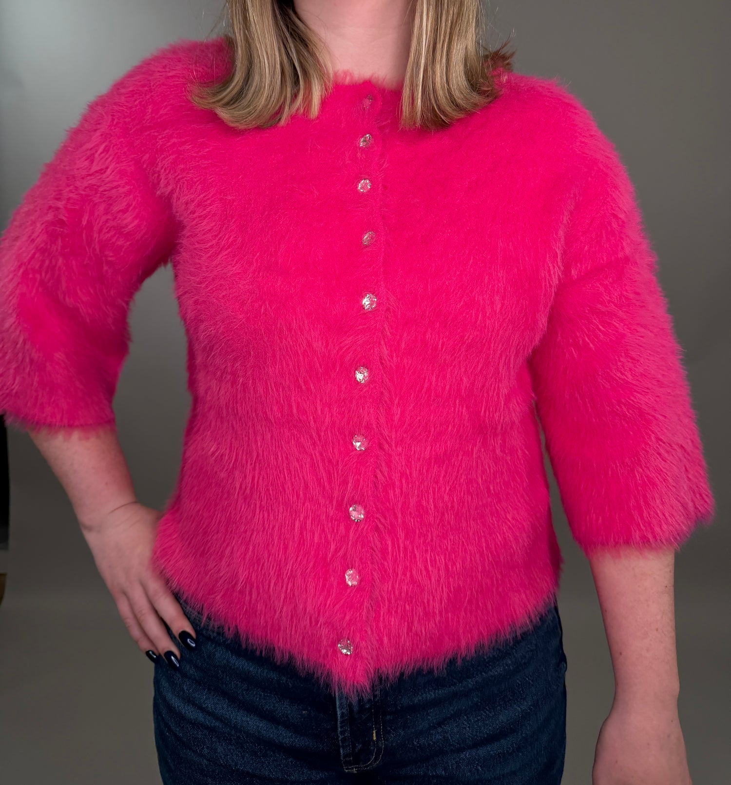 Fuzzy Statement Knit Short-Sleeve Cardigan