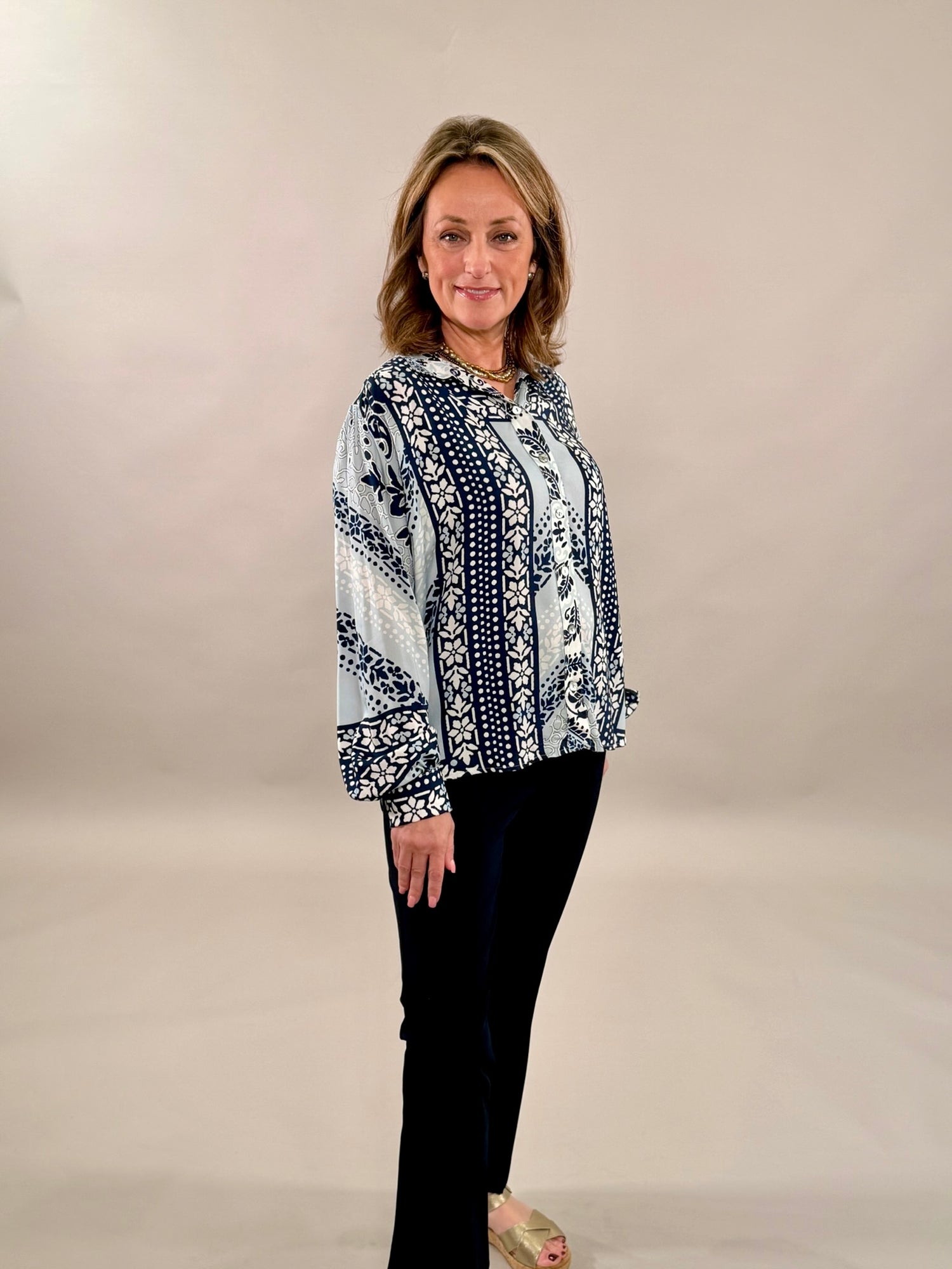Blue Mosaic Print Button-Down Blouse