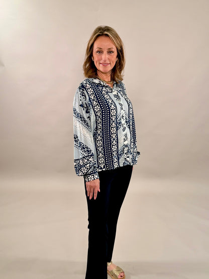 Blue Mosaic Print Button-Down Blouse