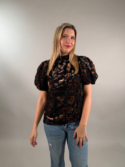 Romantic Velvet Burnout Puff Sleeve Top