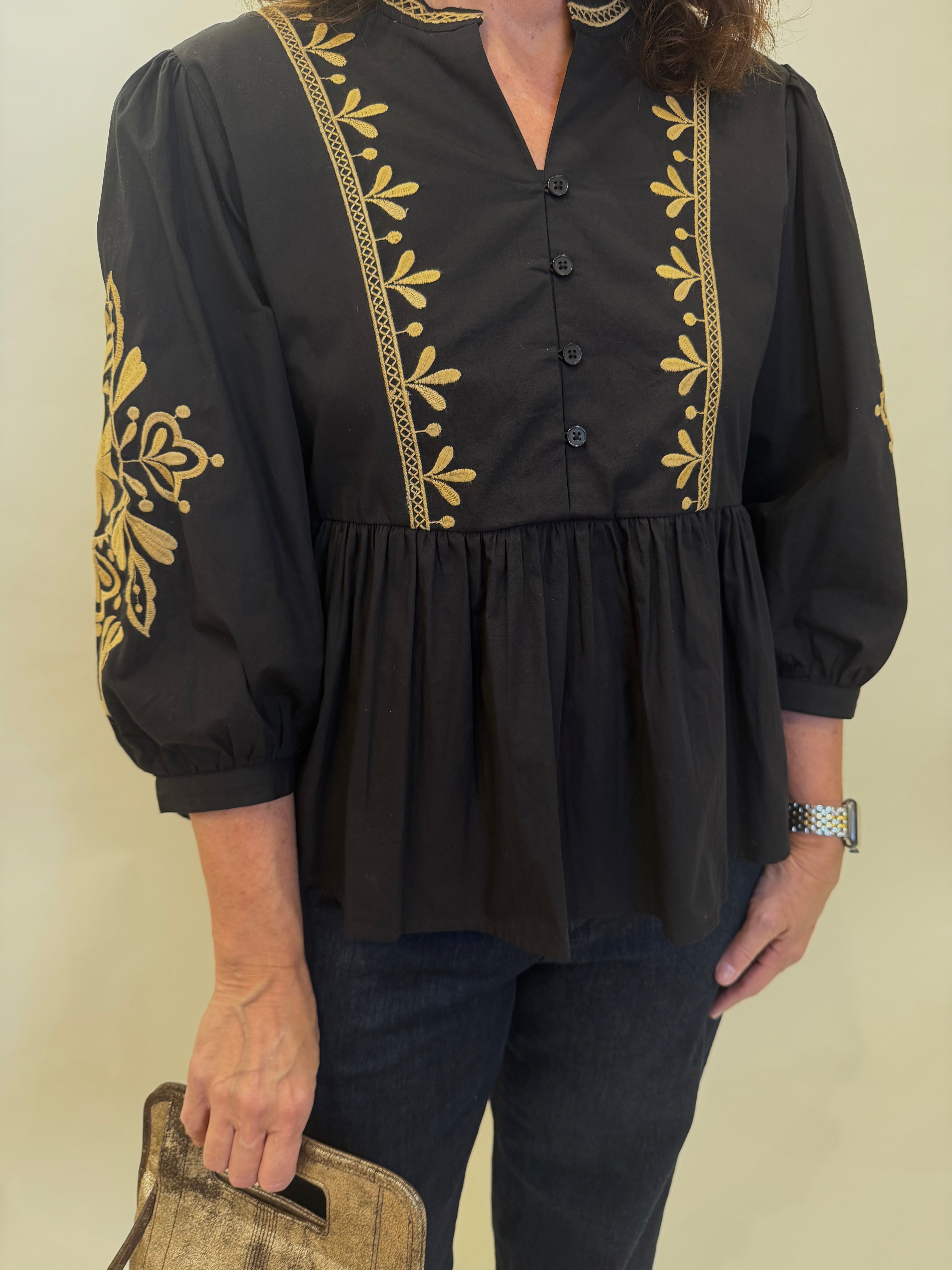 Casual Black Peplum Top with Gold Embroidery