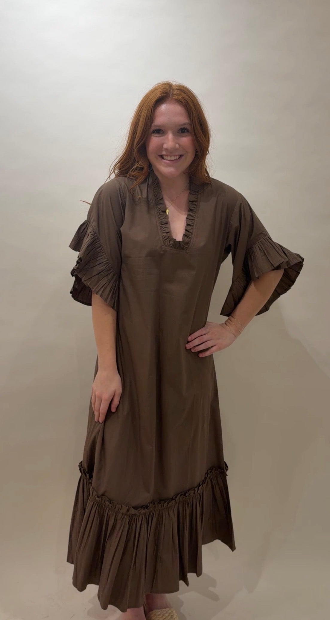 Solid Espresso Tiered Ruffle Maxi Dress