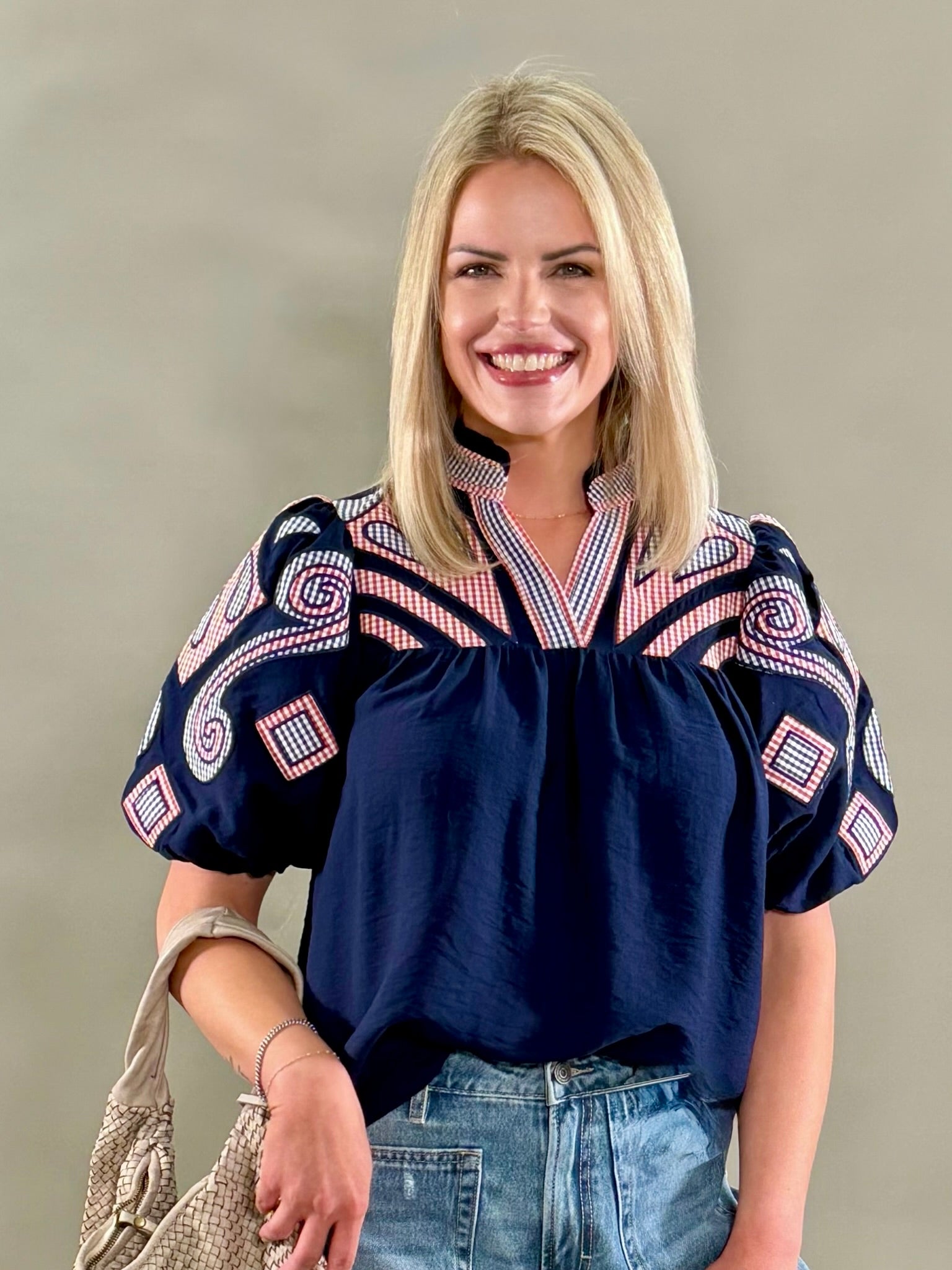 Americana Plaid Embroidered Blouse
