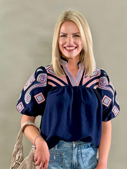 Americana Plaid Embroidered Blouse