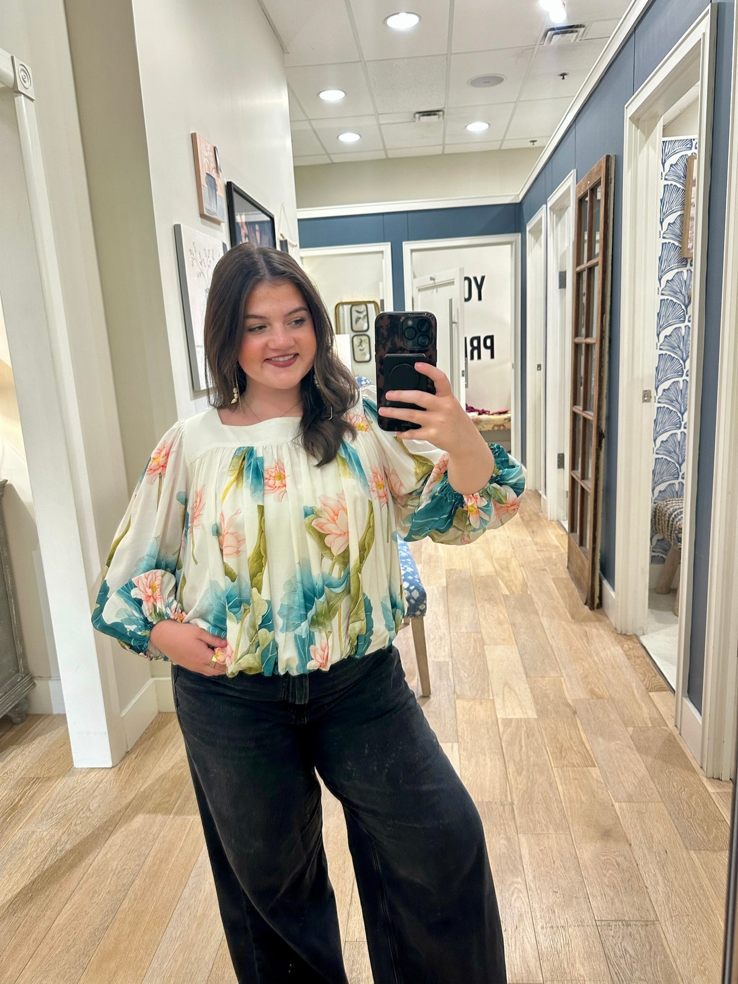 Water Lily Print Puff Sleeve Square Neck Blouse