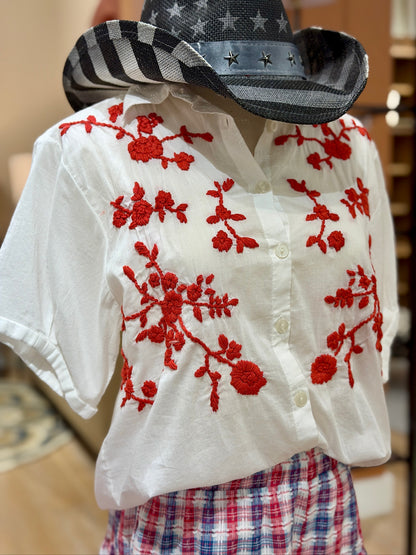 White Blouse with Red Embroidery