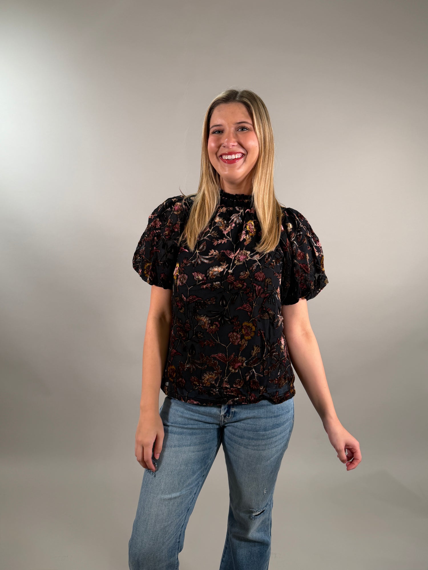 Romantic Velvet Burnout Puff Sleeve Top