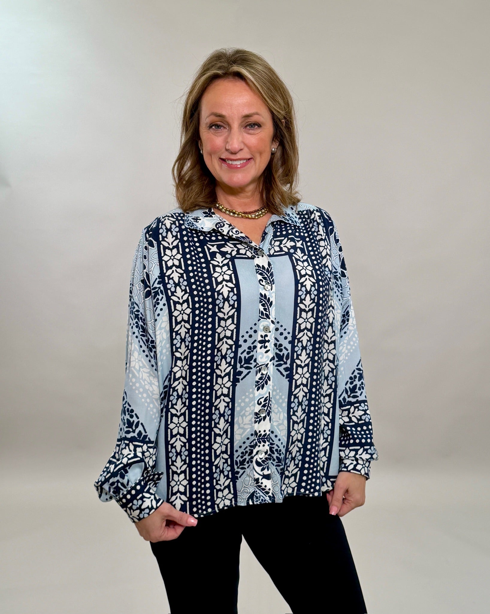 Blue Mosaic Print Button-Down Blouse
