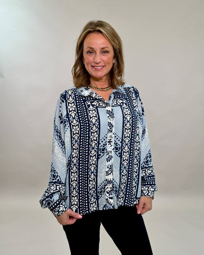 Blue Mosaic Print Button-Down Blouse