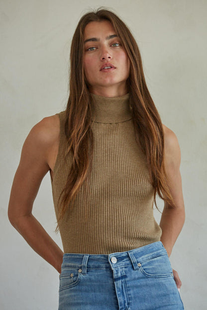 Ribbed Sleeveless Turtleneck Top