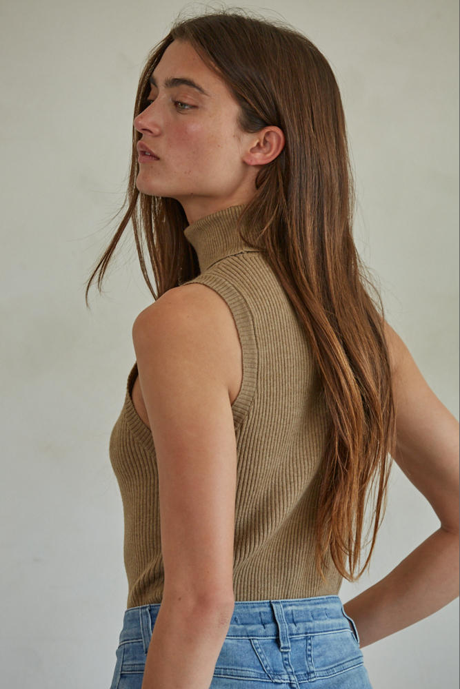 Ribbed Sleeveless Turtleneck Top