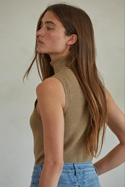 Ribbed Sleeveless Turtleneck Top