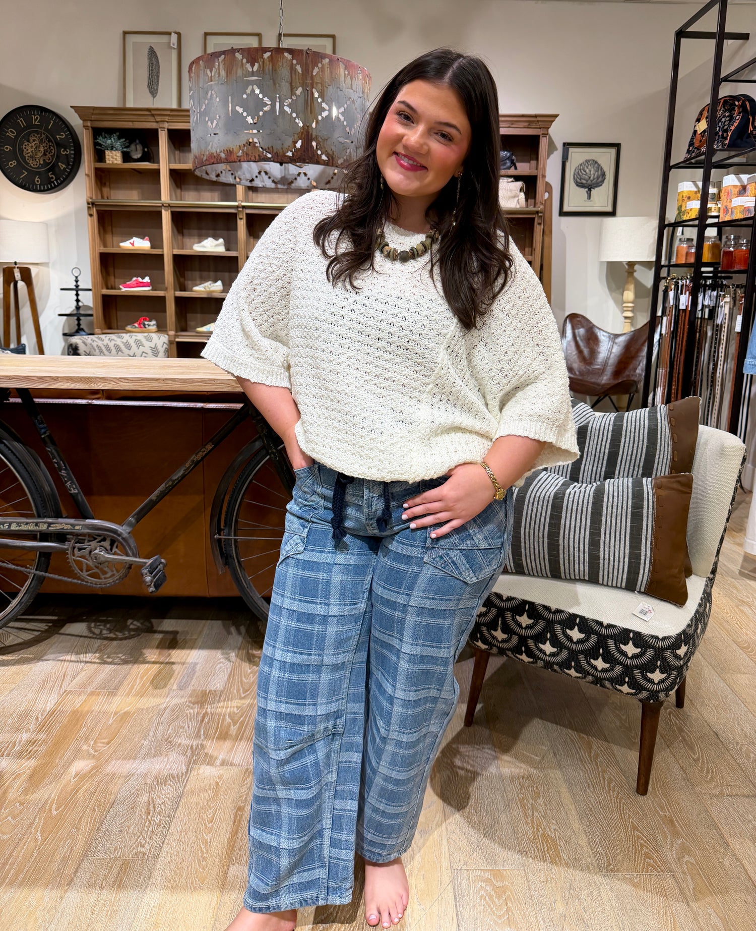 Plaid Semi Barrel Jeans with Tie Belt