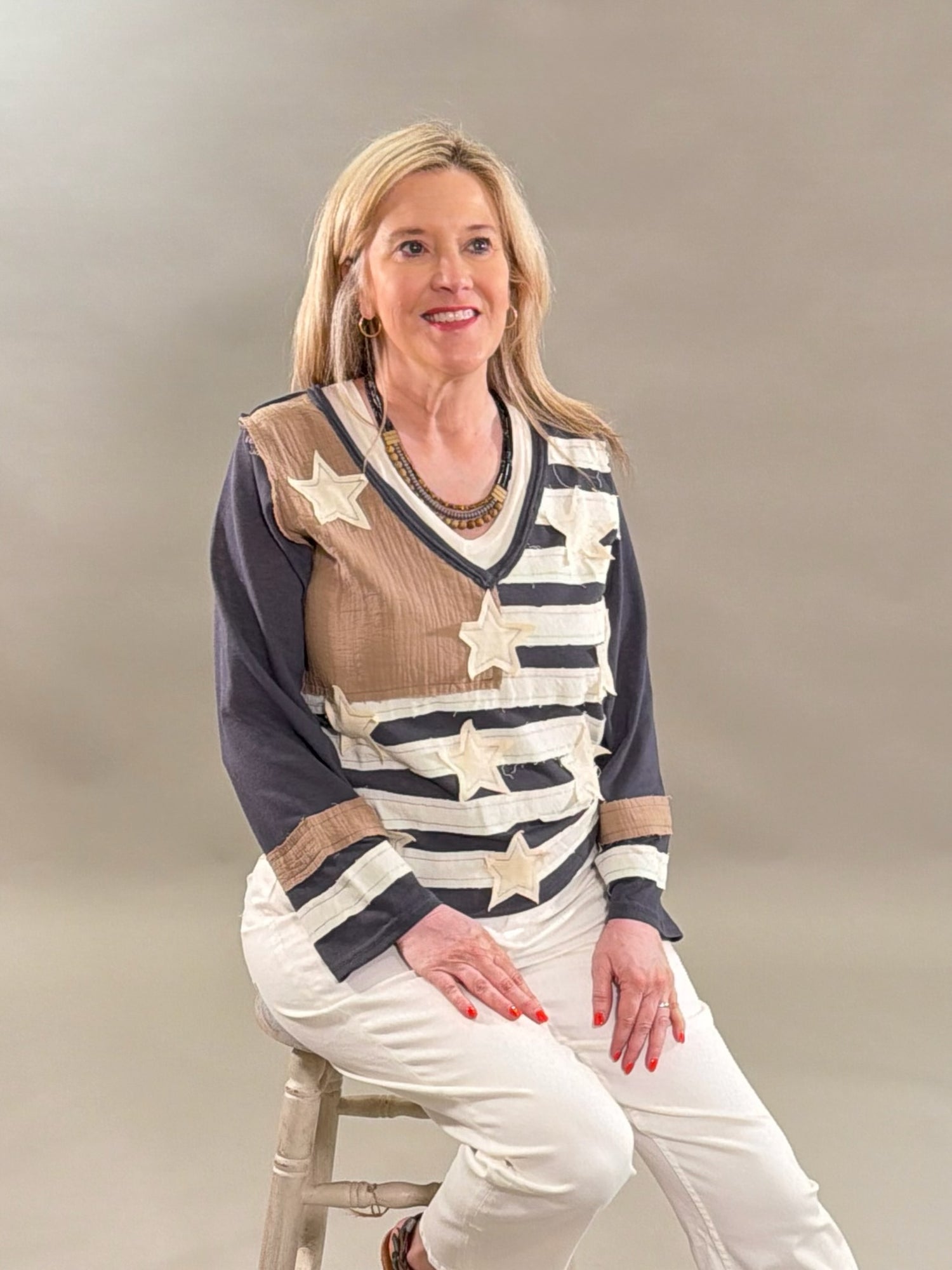 Patriotic Patchwork Star V-Neck Top