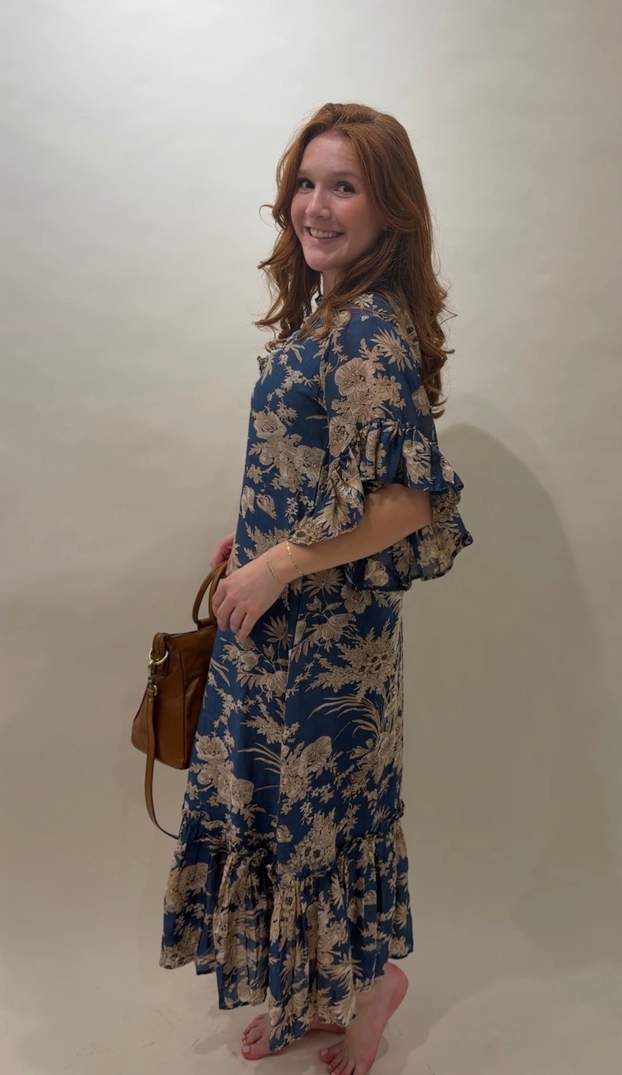 Toile Print Ruffled Cotton Caftan Mini