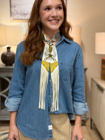 Fringe Trim Printed Satin Scarf