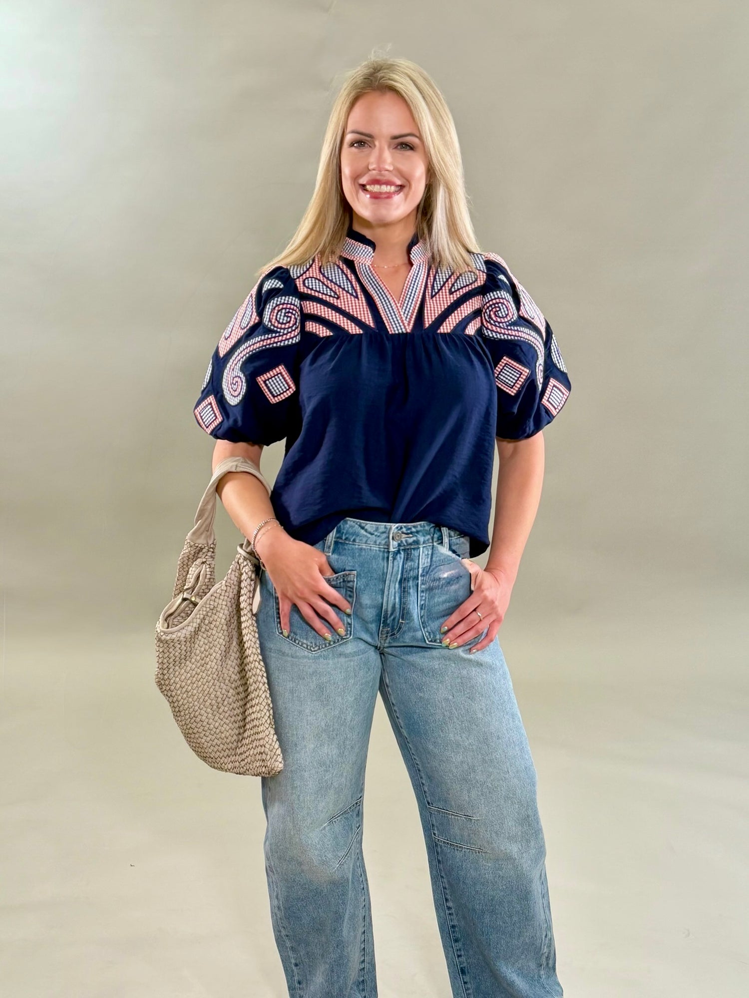 Americana Plaid Embroidered Blouse