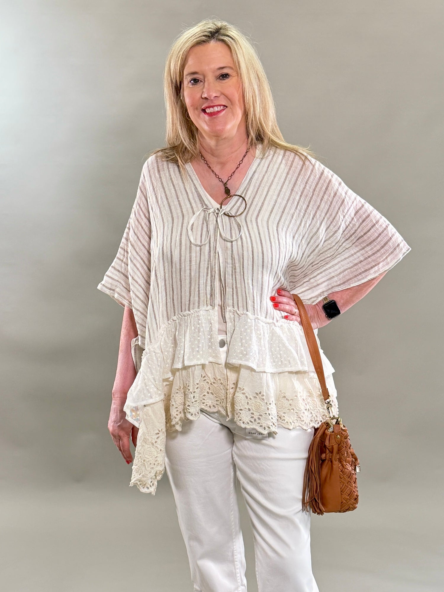 Striped Eyelet Ruffle Poncho Top