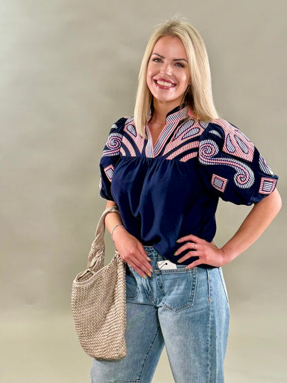 Americana Plaid Embroidered Blouse