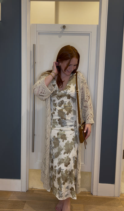 Muted Green &amp; White Flattering Floral Midi Dress