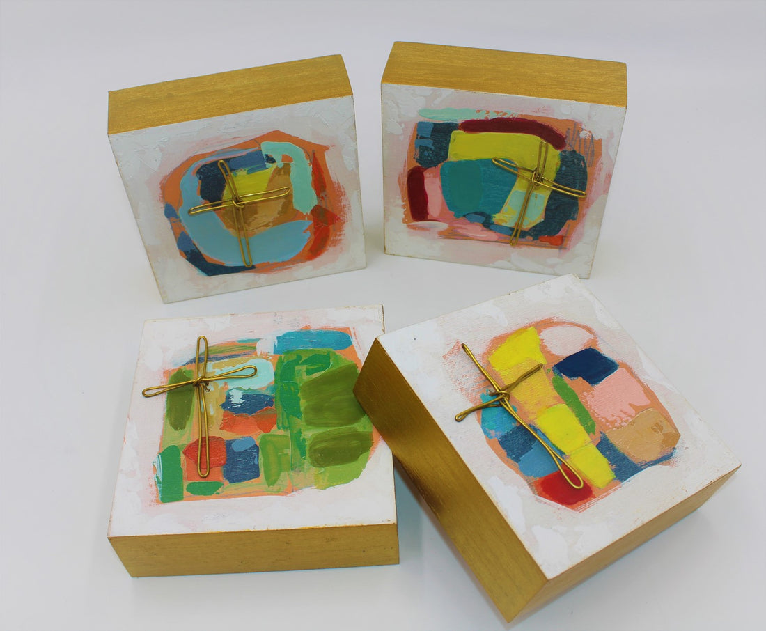 6x6x2&quot; Abstract Block with Metal Cross, 4 assorted