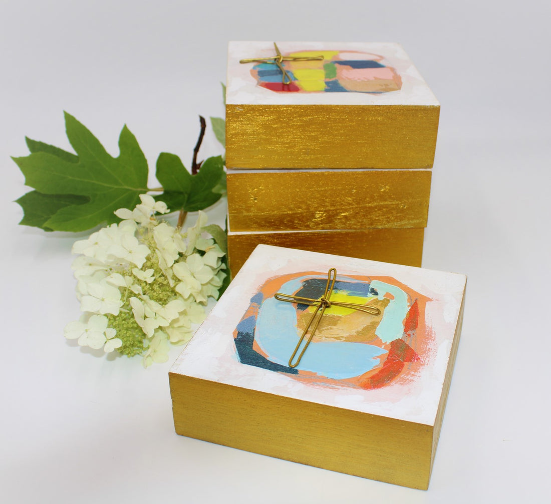 6x6x2&quot; Abstract Block with Metal Cross, 4 assorted