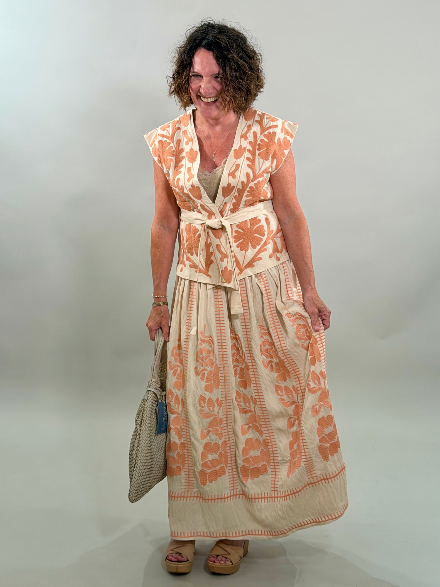 Coral Embroidered Vest with Belt