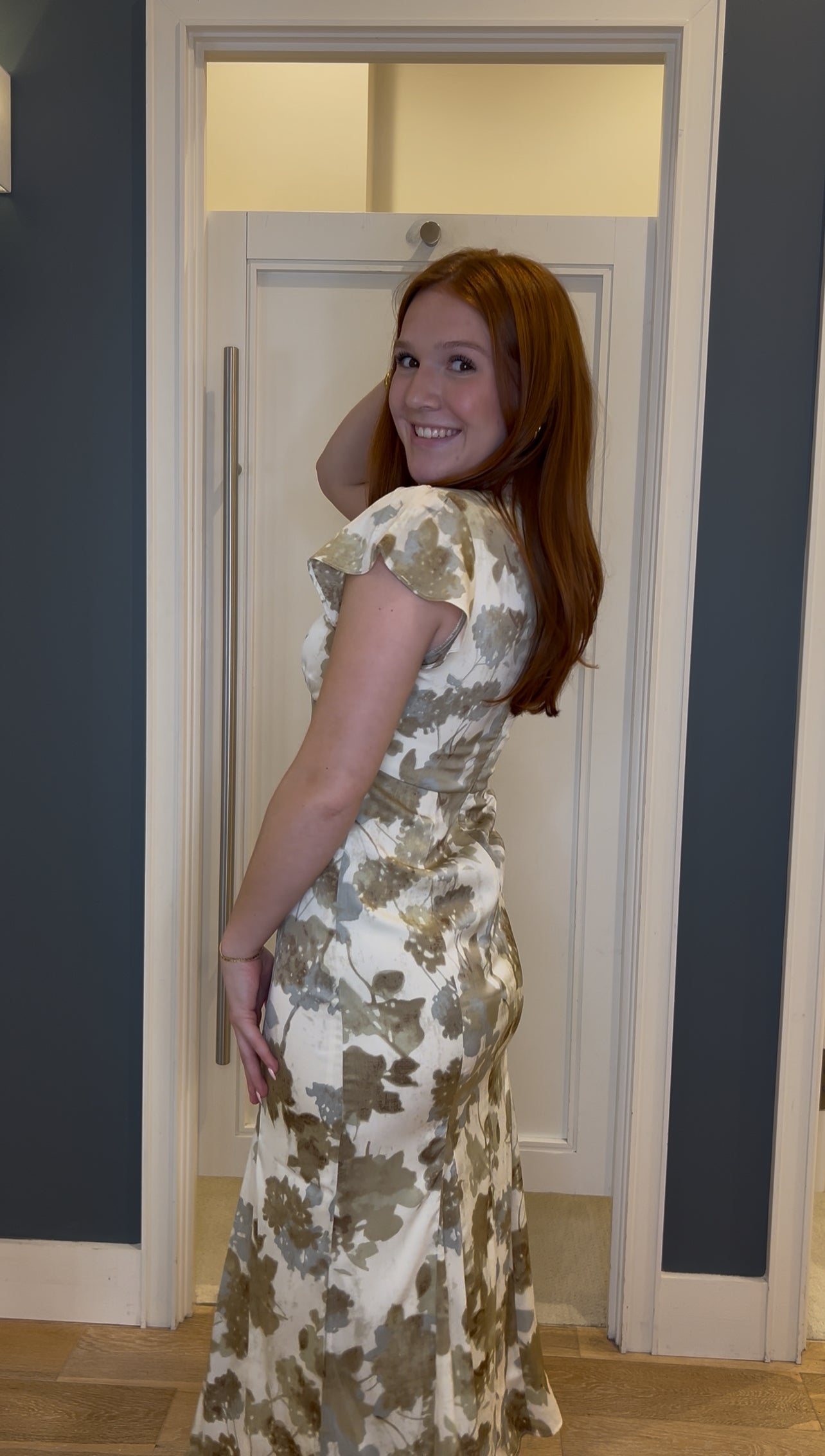 Muted Green &amp; White Flattering Floral Midi Dress