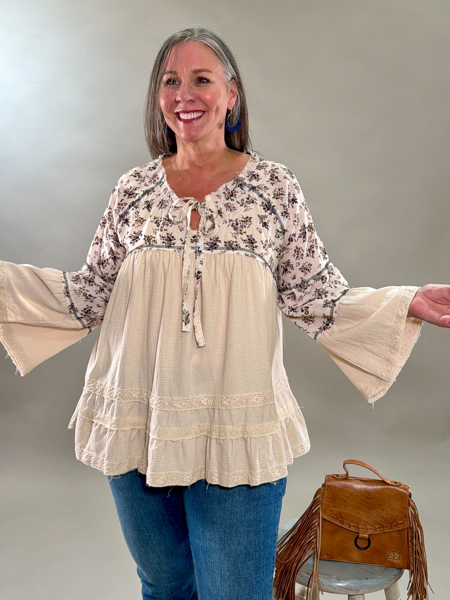 Mixed Media Floral Embroidered Blouse