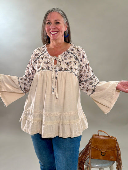 Mixed Media Floral Embroidered Blouse