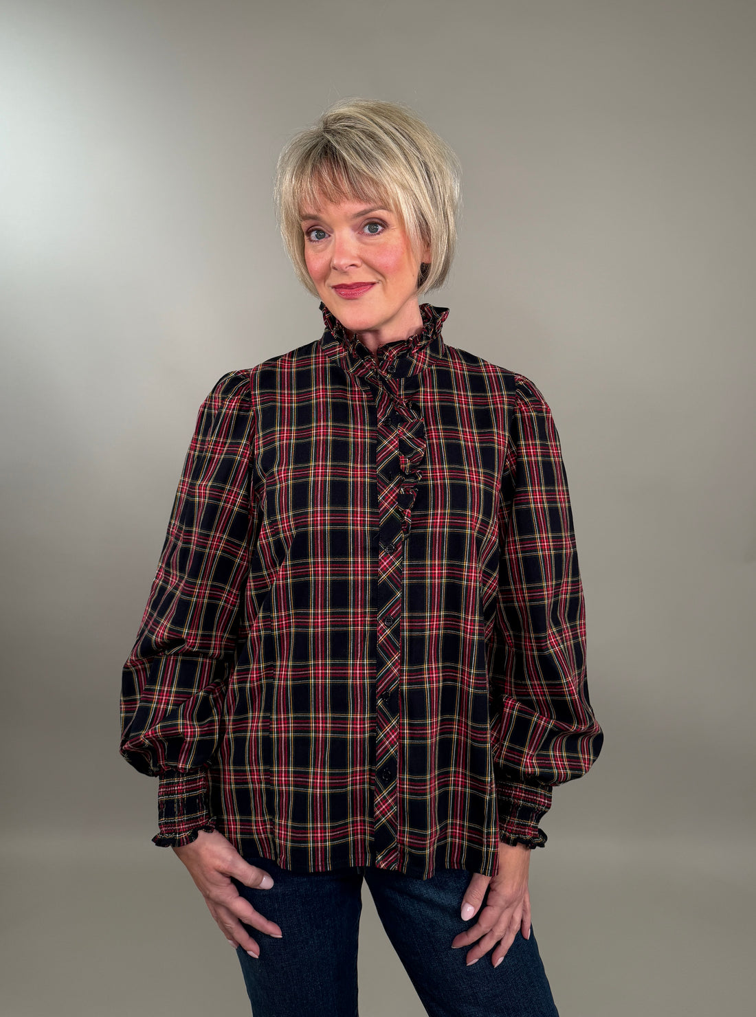Feminine High Ruffle Neck Button-Down Plaid Blouse