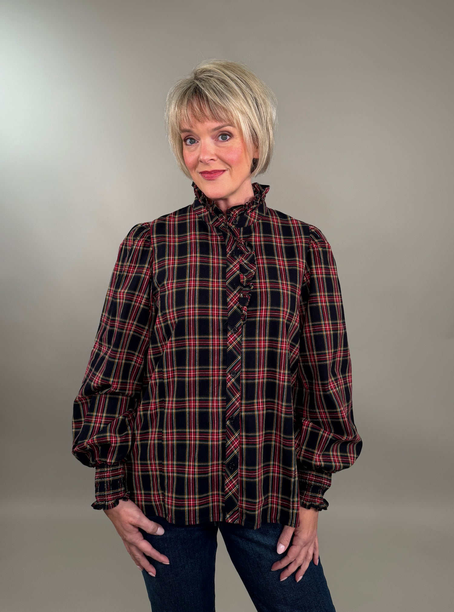 Feminine High Ruffle Neck Button-Down Plaid Blouse