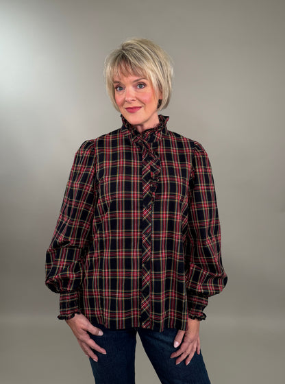 Feminine High Ruffle Neck Button-Down Plaid Blouse