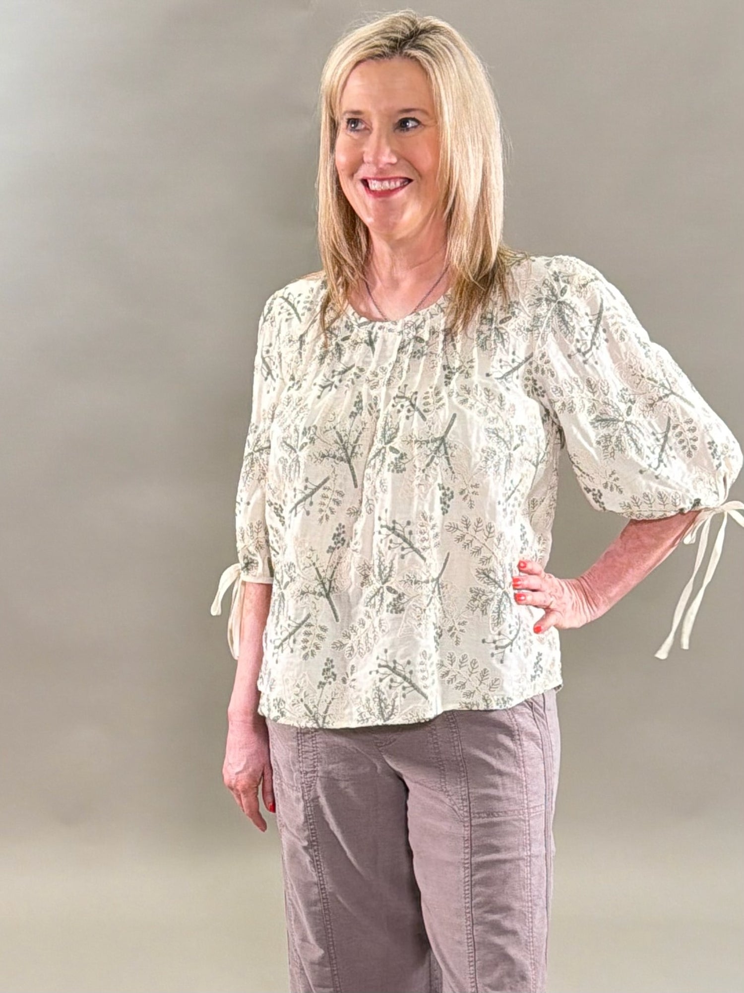 Cream and Green Embroidery Top