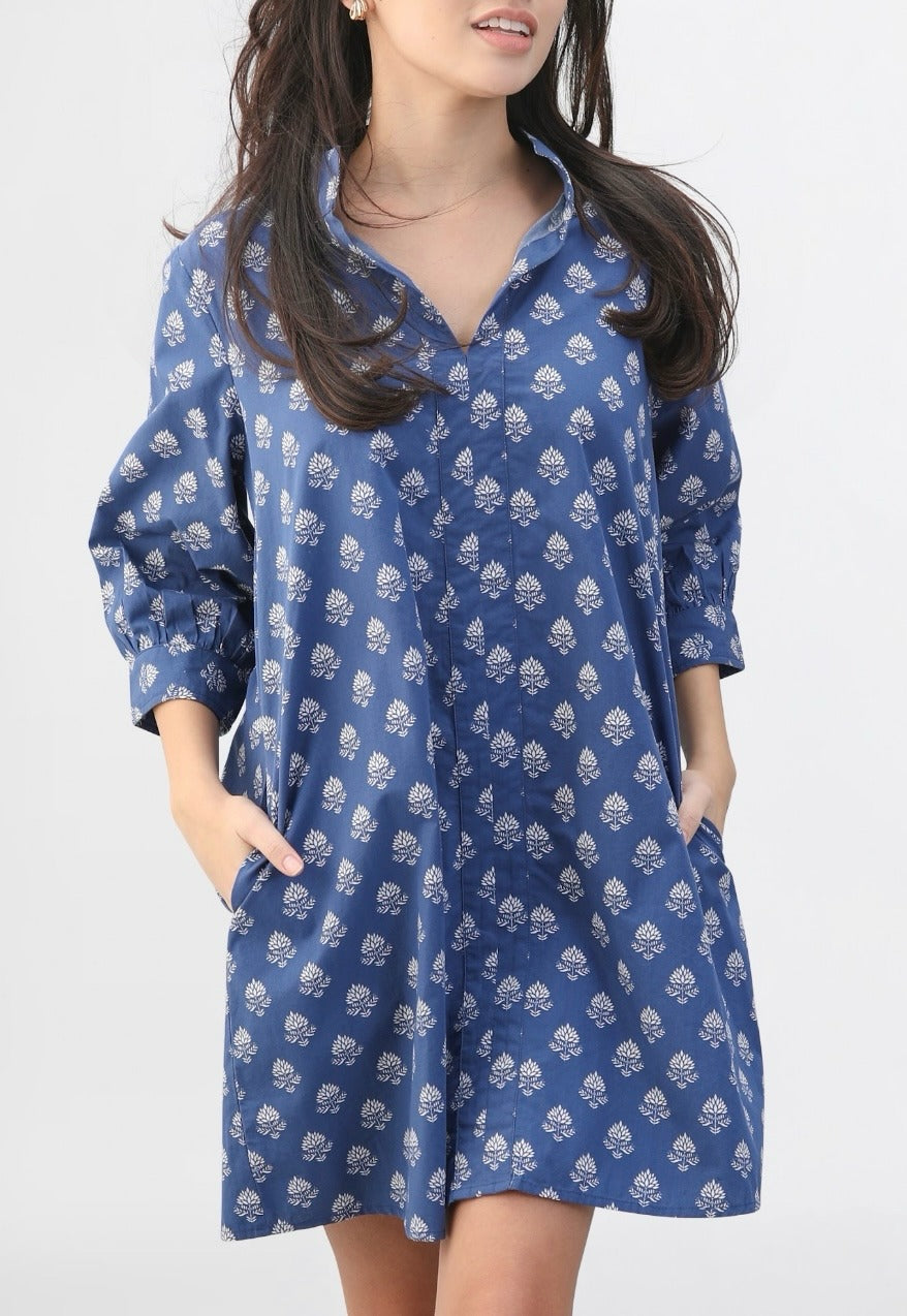 Campbell Navy Leaf Print Dress